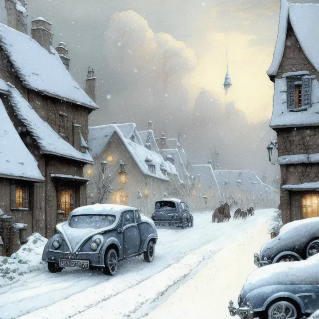 745364560-petites maisons alsaciennes arrondies 1 étage, loups, vielle voiture, tempête de neige, art by Anton Pieck, in the style of ,.webp